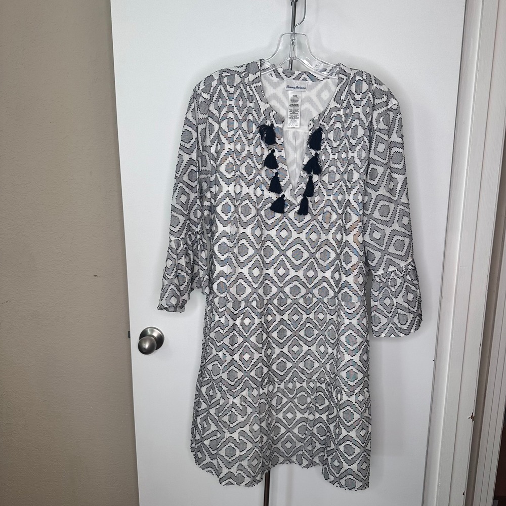 Tommy Bahama Womens XL Geometric Tassel Neck Tiered Shift Dress Black White